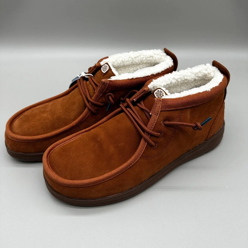 Hey Dude Wally Mid Gripr‎ Warmth Shoes Mens 10 Brown Suede Faux Fur Lined NEW